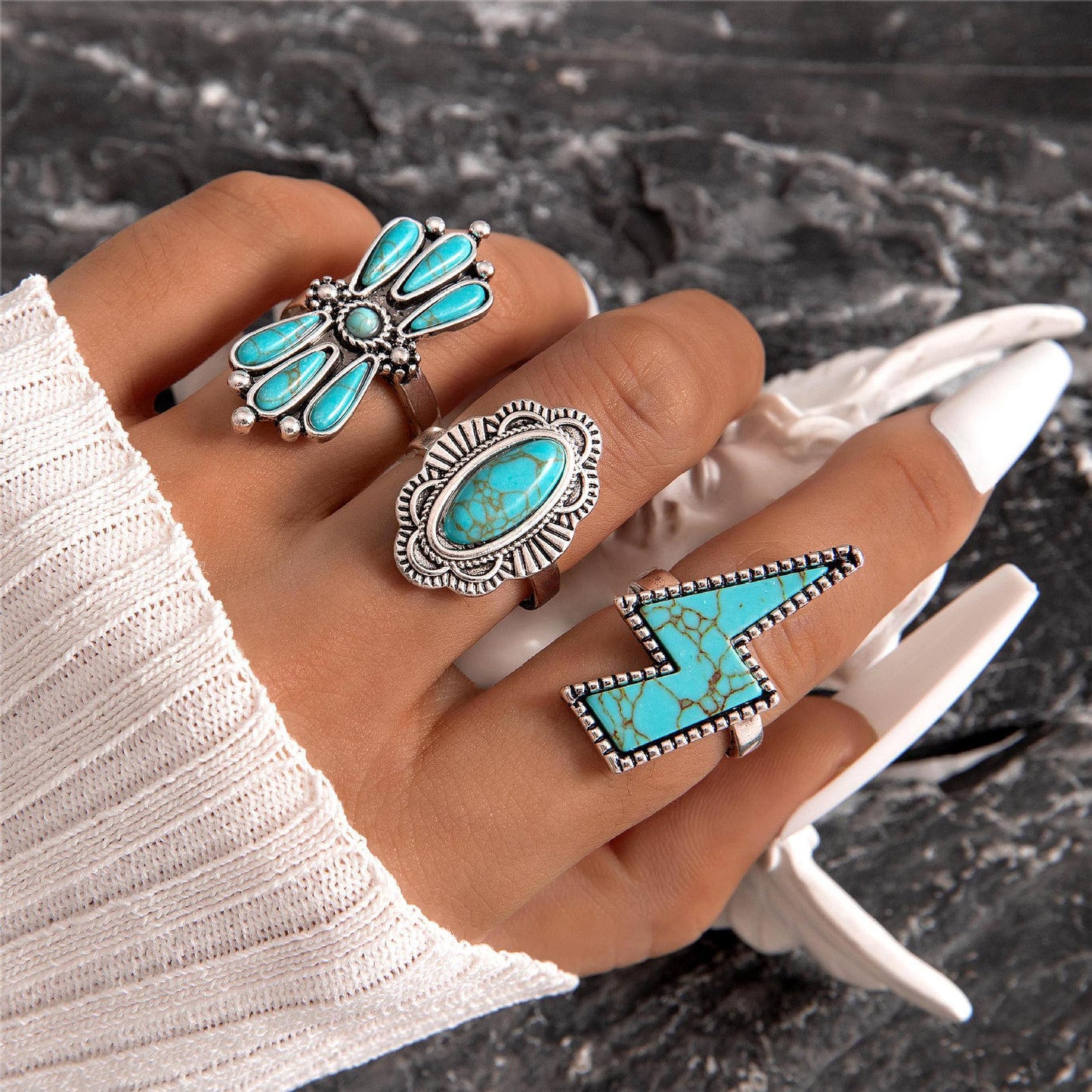 Bohemian Vintage Unique Cute Turquoise Lightning Cluster Ring Set