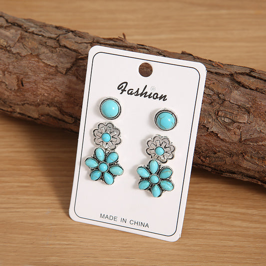 Bohemian Western Turquoise Cluster 3pairs Stud Earrings Set