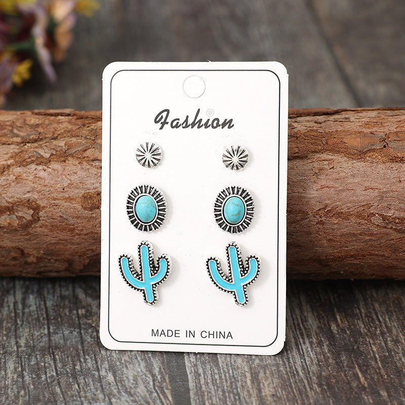 Southwestern Concho Turquoise Cactus 3 Pairs Stud Earrings