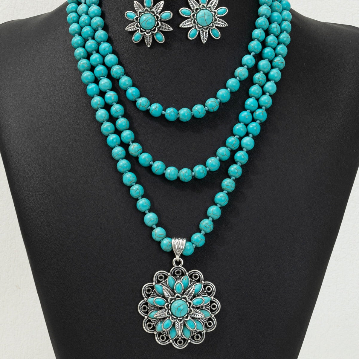 Southwestern Chunky Boho Turquoise Beads Earrings Necklace Set