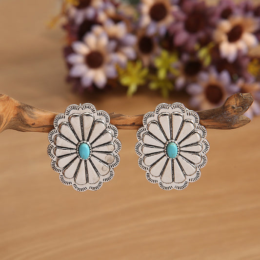 Bohemian Vintage Cute Western Concho Turquoise Stud Earrings