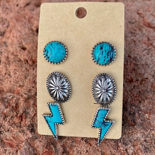 Turquoise Lightning Concho Stud Earring Set