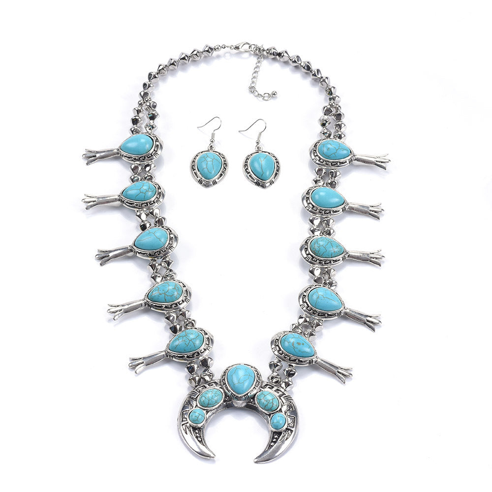 Ethnic Turquoise Navajo Squash Blossom Necklace