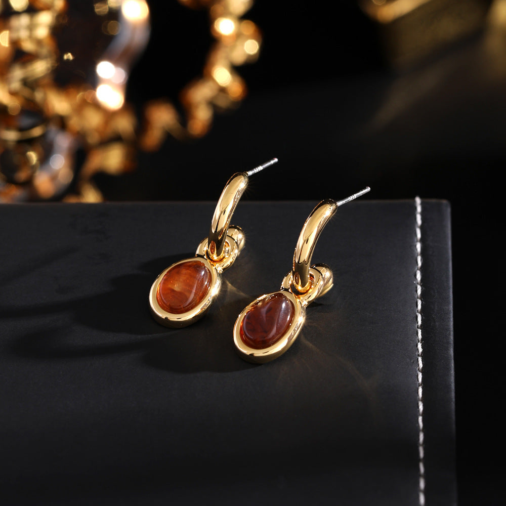 18k Gold Plated Amber Cabochon Oval Earrings