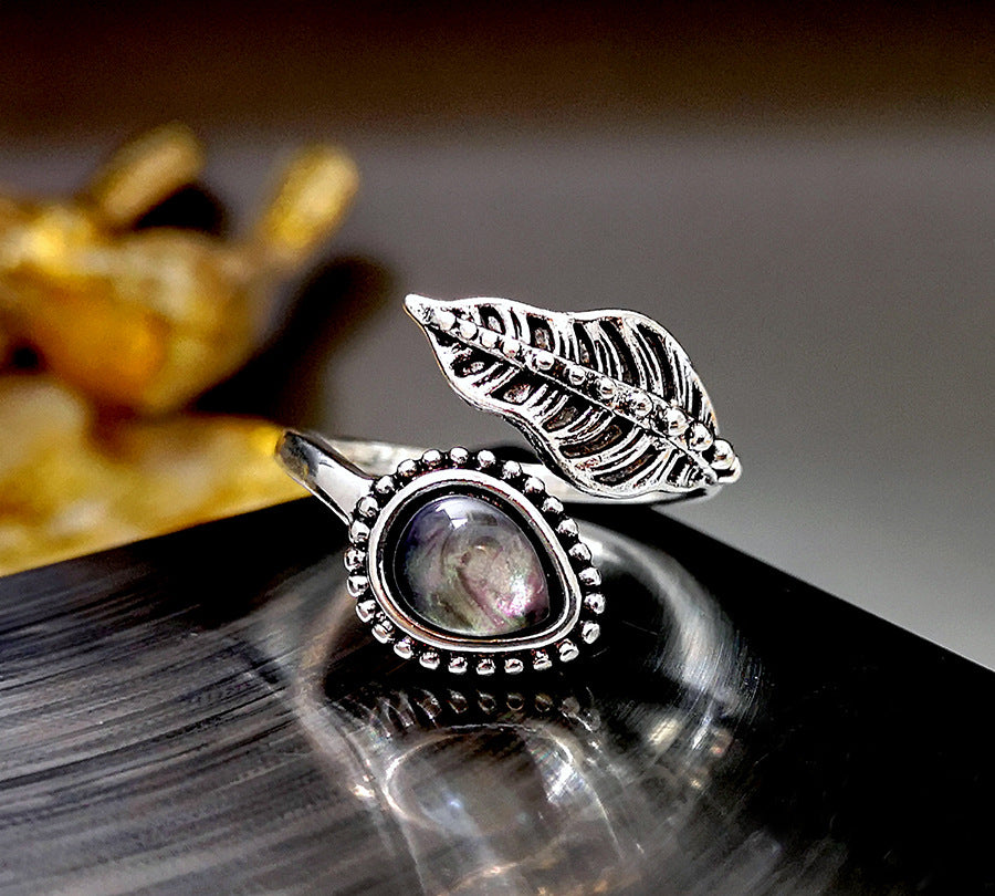 Bohemian Moonstone Leaf Open Adjustable Ring