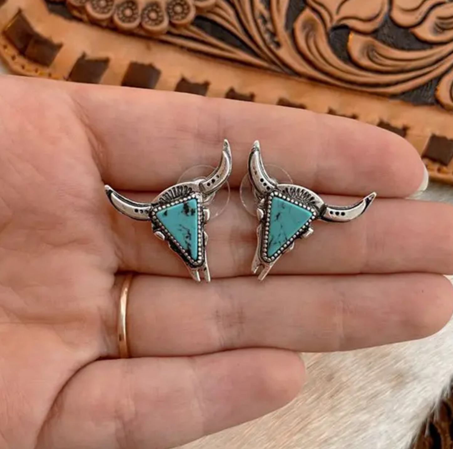 Western Turquoise Cow Earrings