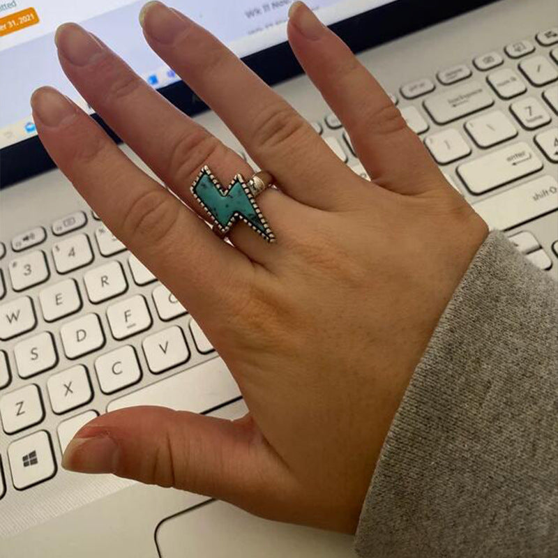 Open Adjustable Bohemian Vintage Western Turquoise Lightning Ring