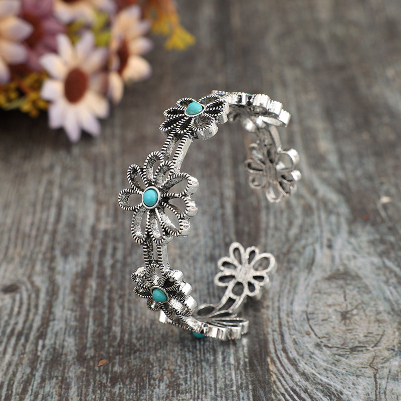 Southwestern Open Adjustable Turquoise Floral Bracelet