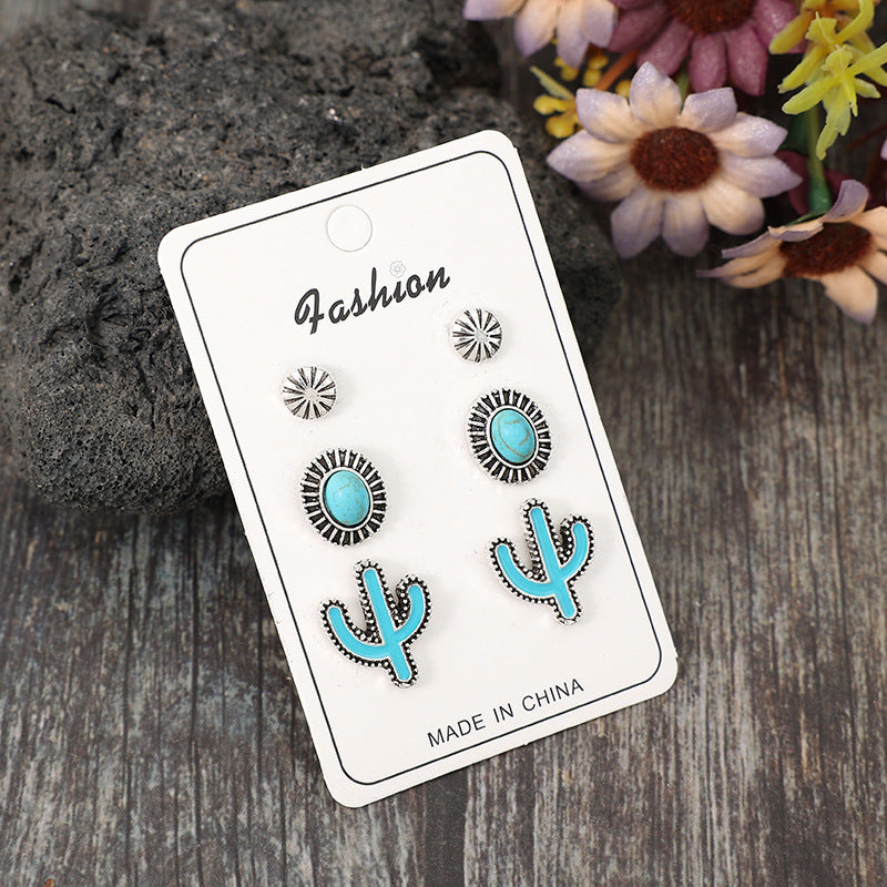 Southwestern Concho Turquoise Cactus 3 Pairs Stud Earrings