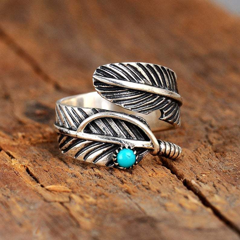 Western Vintage Turquoise Feather Open Adjustable Ring