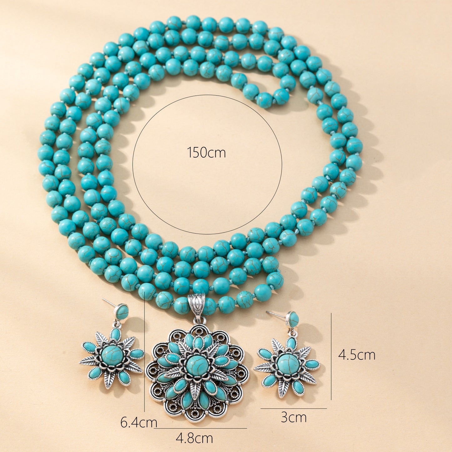 Southwestern Chunky Boho Turquoise Beads Earrings Necklace Set