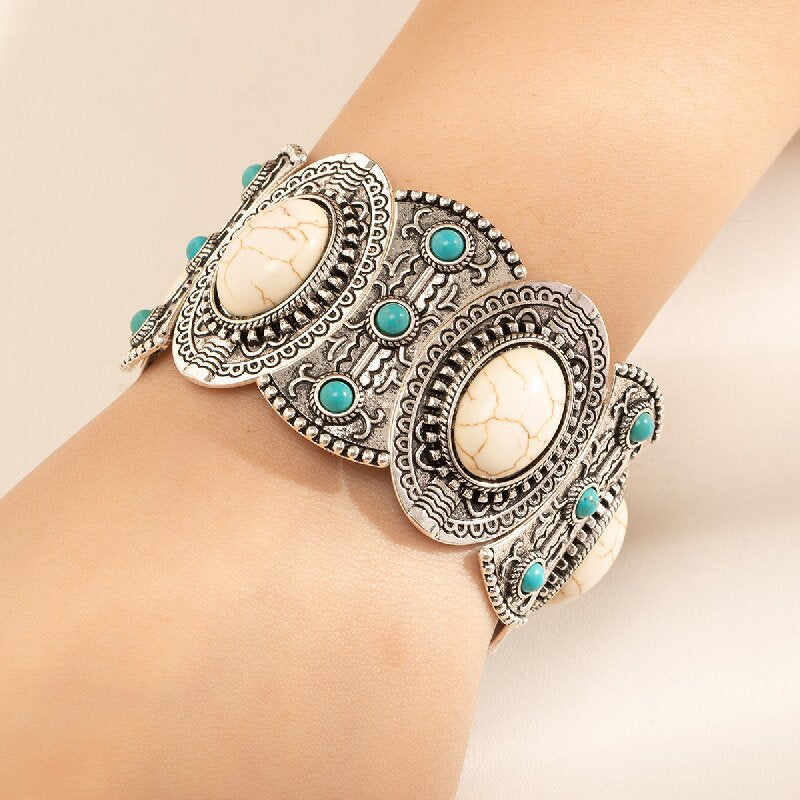 Bohemian Vintage Cowgirl White Turquoise Cuff Bracelet