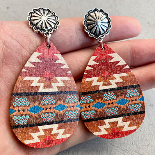 Western Aztec Concho Wood Earrings