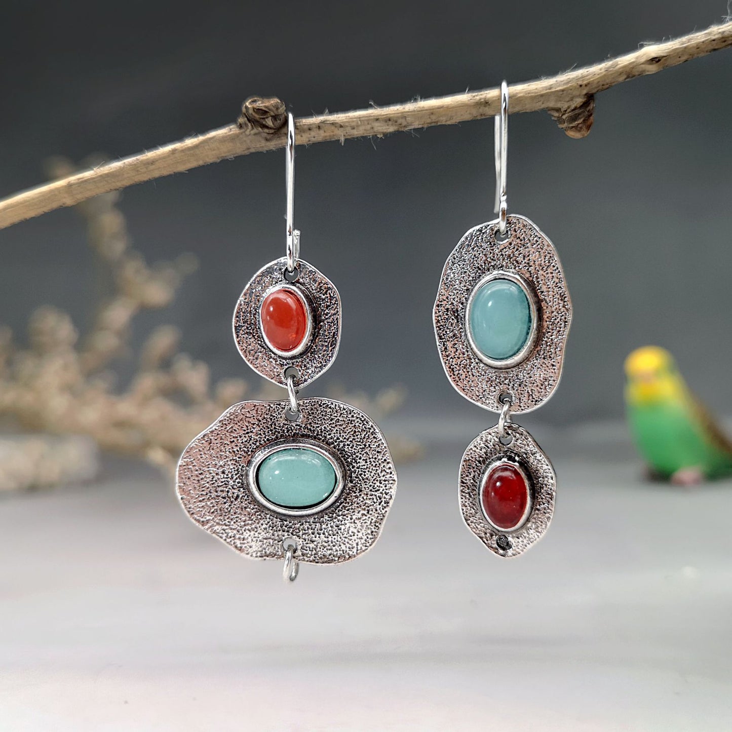 Bohemian Asymmetric Chalcedony Coral Earrings