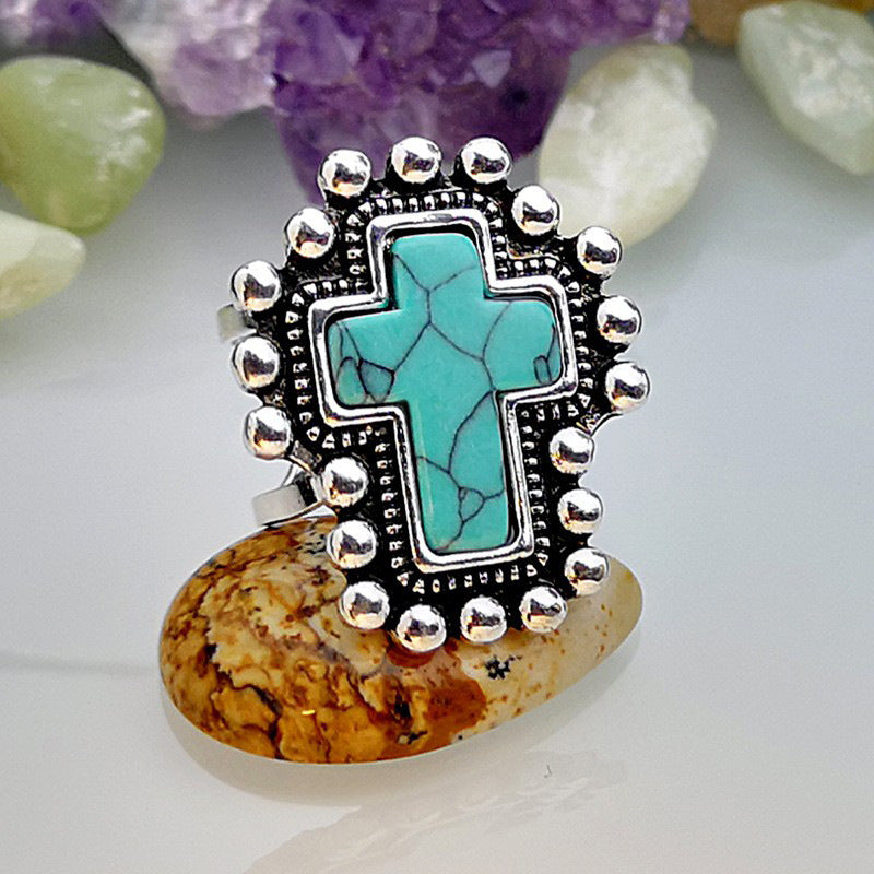 Turquoise Cross Open Adjustable Ring