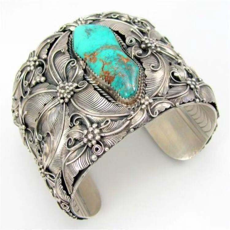 Mexican Style Navajo Southwestern Open Cuff Turquoise Wide Bracelet