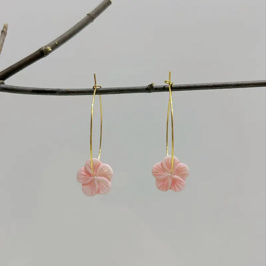 Hawaiian Pink Shell Flower Blossom Hoop Earrings