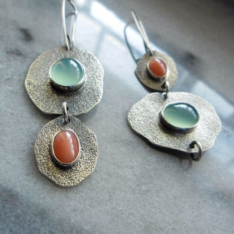 Bohemian Asymmetric Chalcedony Coral Earrings