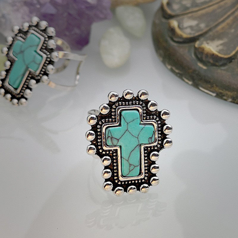 Turquoise Cross Open Adjustable Ring