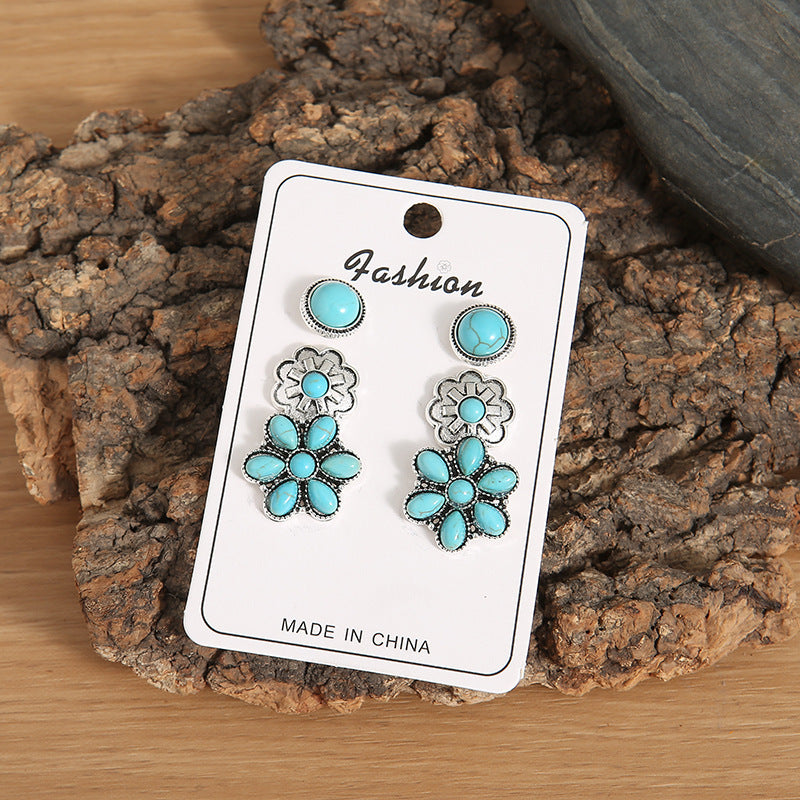 Bohemian Western Turquoise Cluster 3pairs Stud Earrings Set