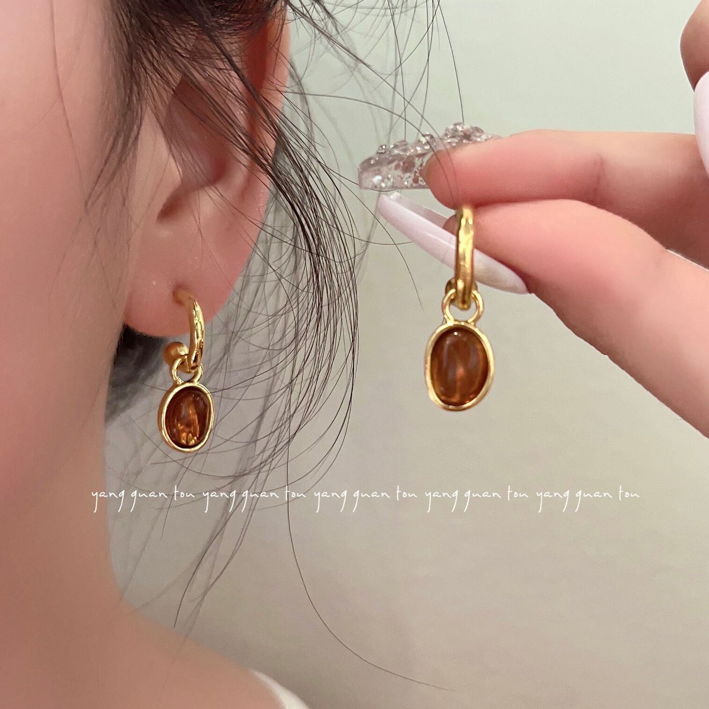 18k Gold Plated Amber Cabochon Oval Earrings