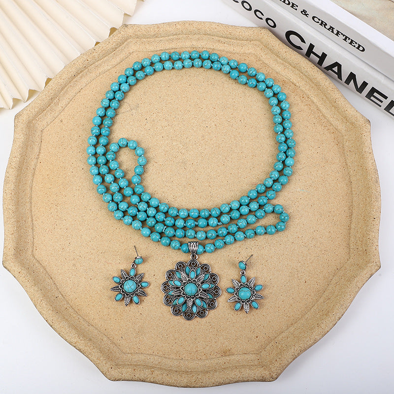 Southwestern Chunky Boho Turquoise Beads Earrings Necklace Set