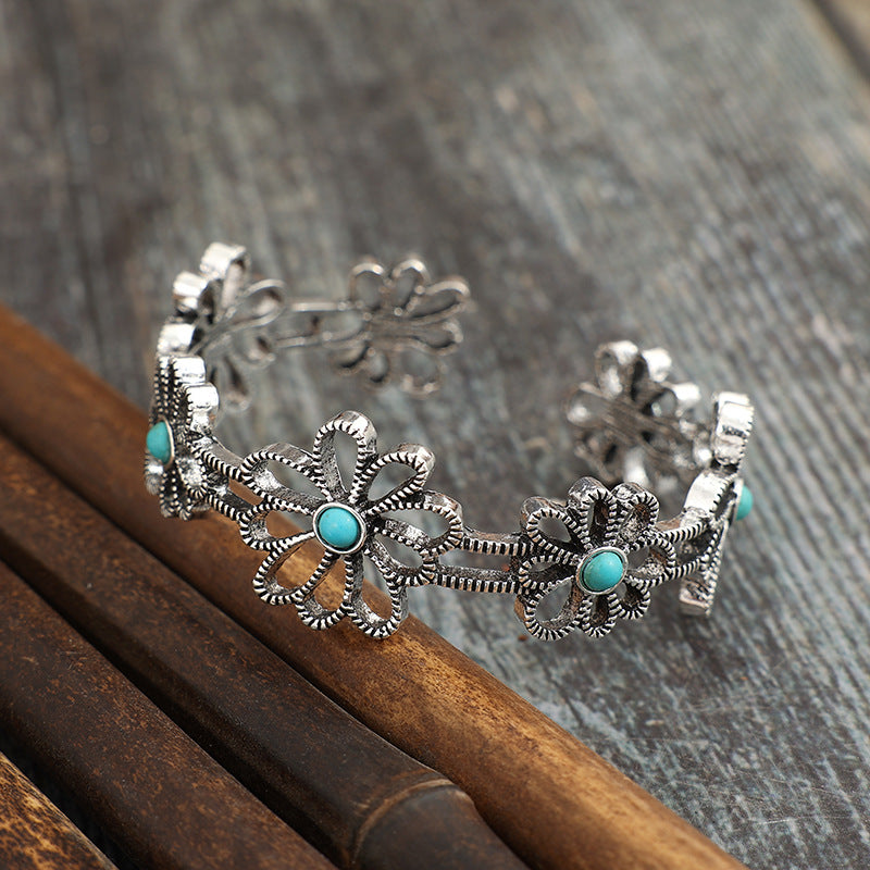 Southwestern Open Adjustable Turquoise Floral Bracelet