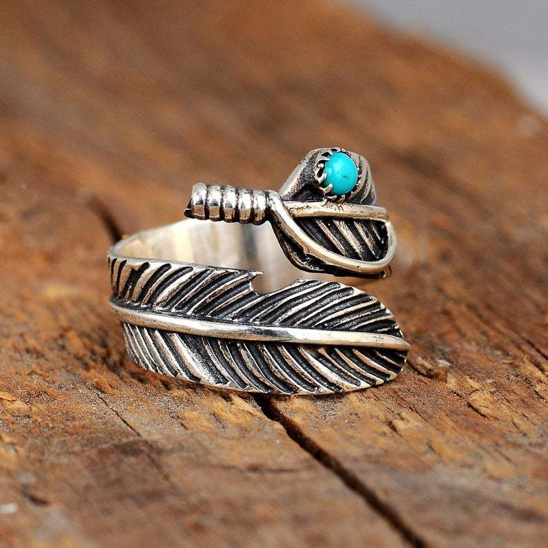 Western Vintage Turquoise Feather Open Adjustable Ring