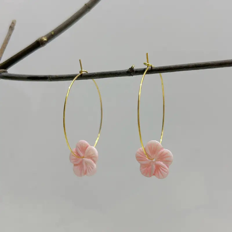 Hawaiian Pink Shell Flower Blossom Hoop Earrings