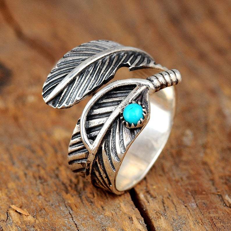 Western Vintage Turquoise Feather Open Adjustable Ring