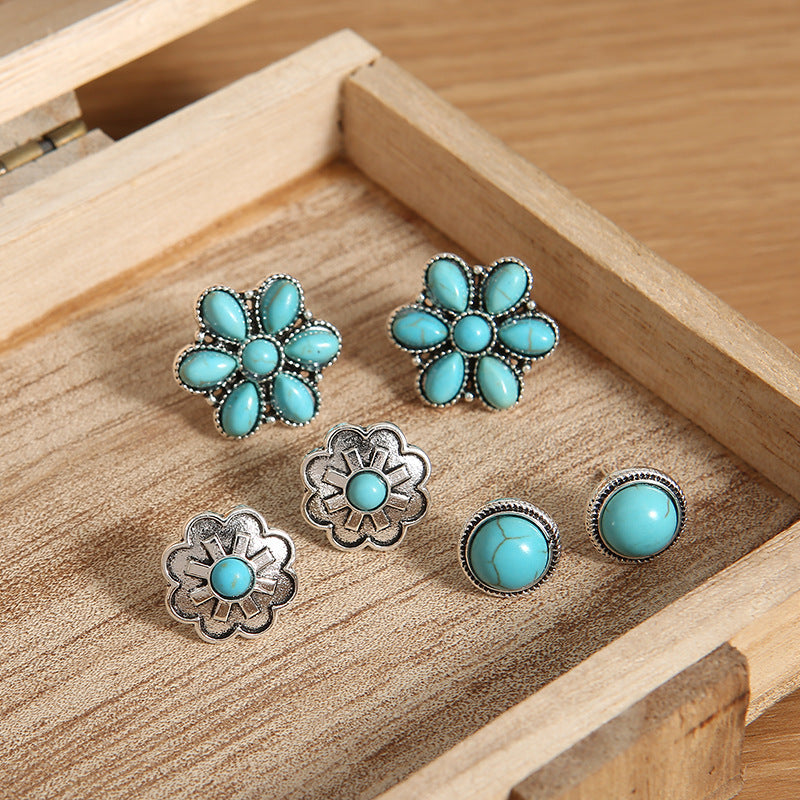 Bohemian Western Turquoise Cluster 3pairs Stud Earrings Set