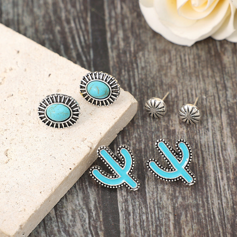 Southwestern Concho Turquoise Cactus 3 Pairs Stud Earrings