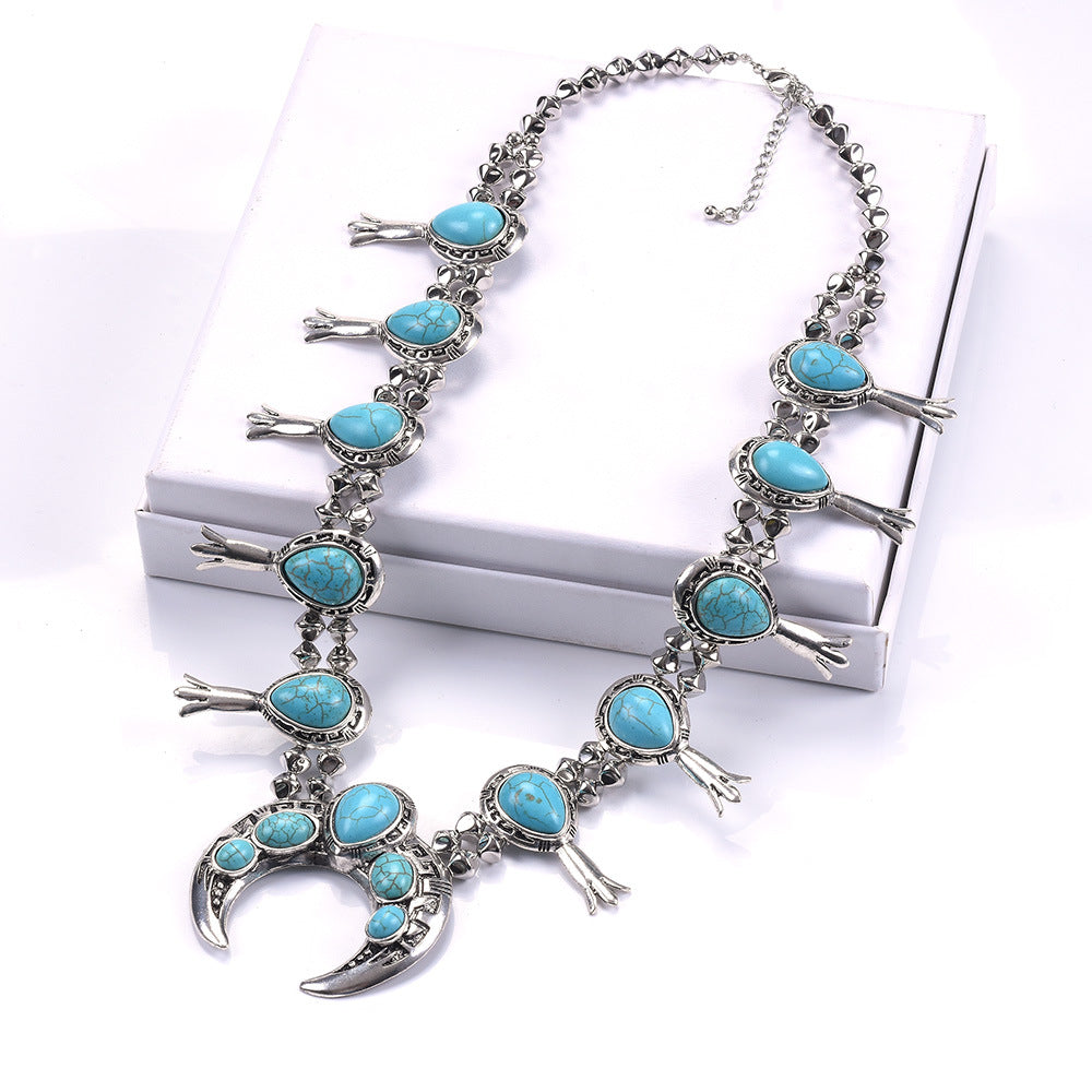 Ethnic Turquoise Navajo Squash Blossom Necklace