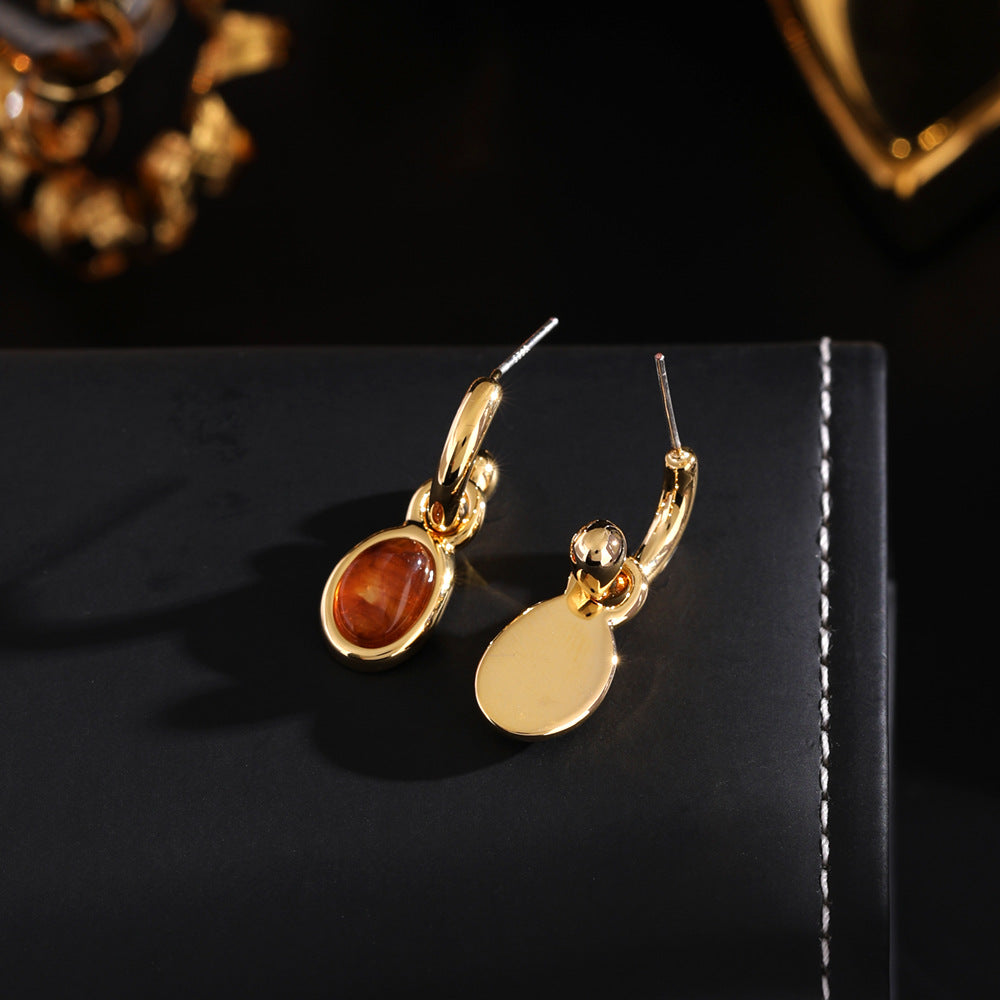 18k Gold Plated Amber Cabochon Oval Earrings