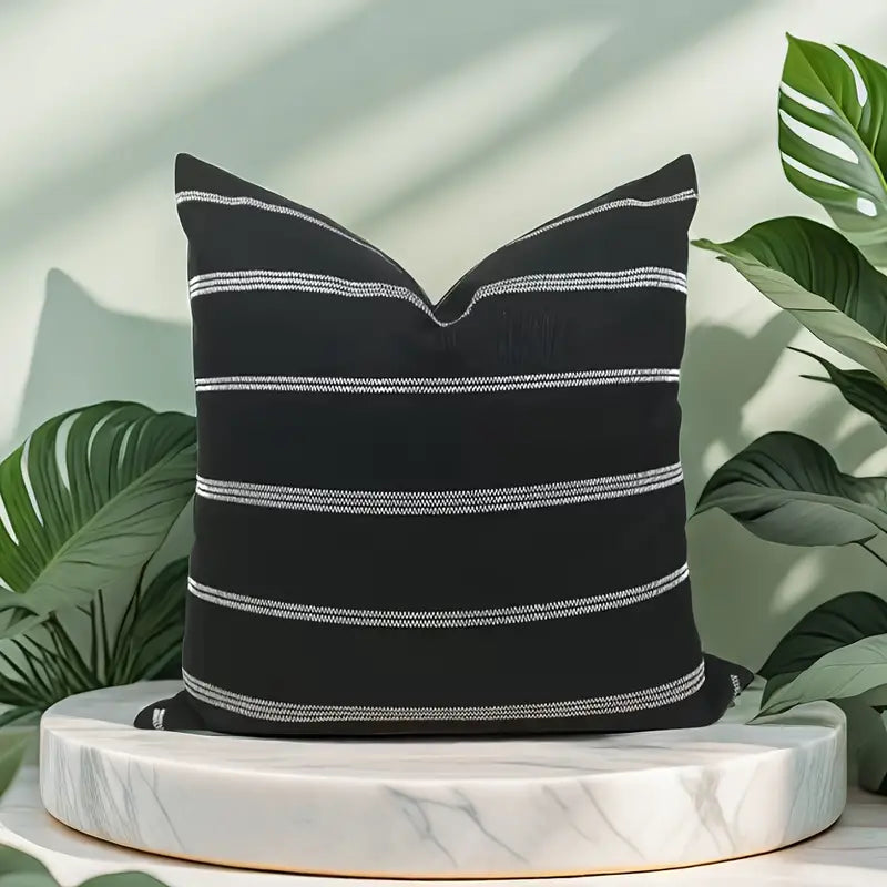 Embroidered Stripe Black Linen Pillow Cover