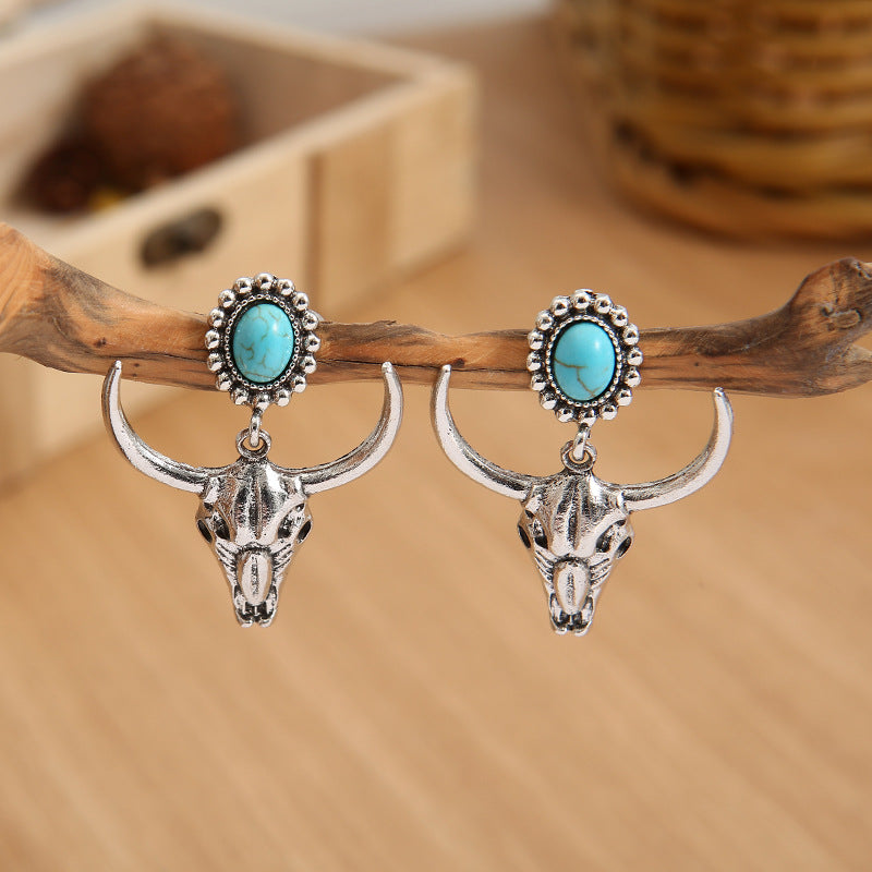 Western Bull Skull Turquoise Earrings