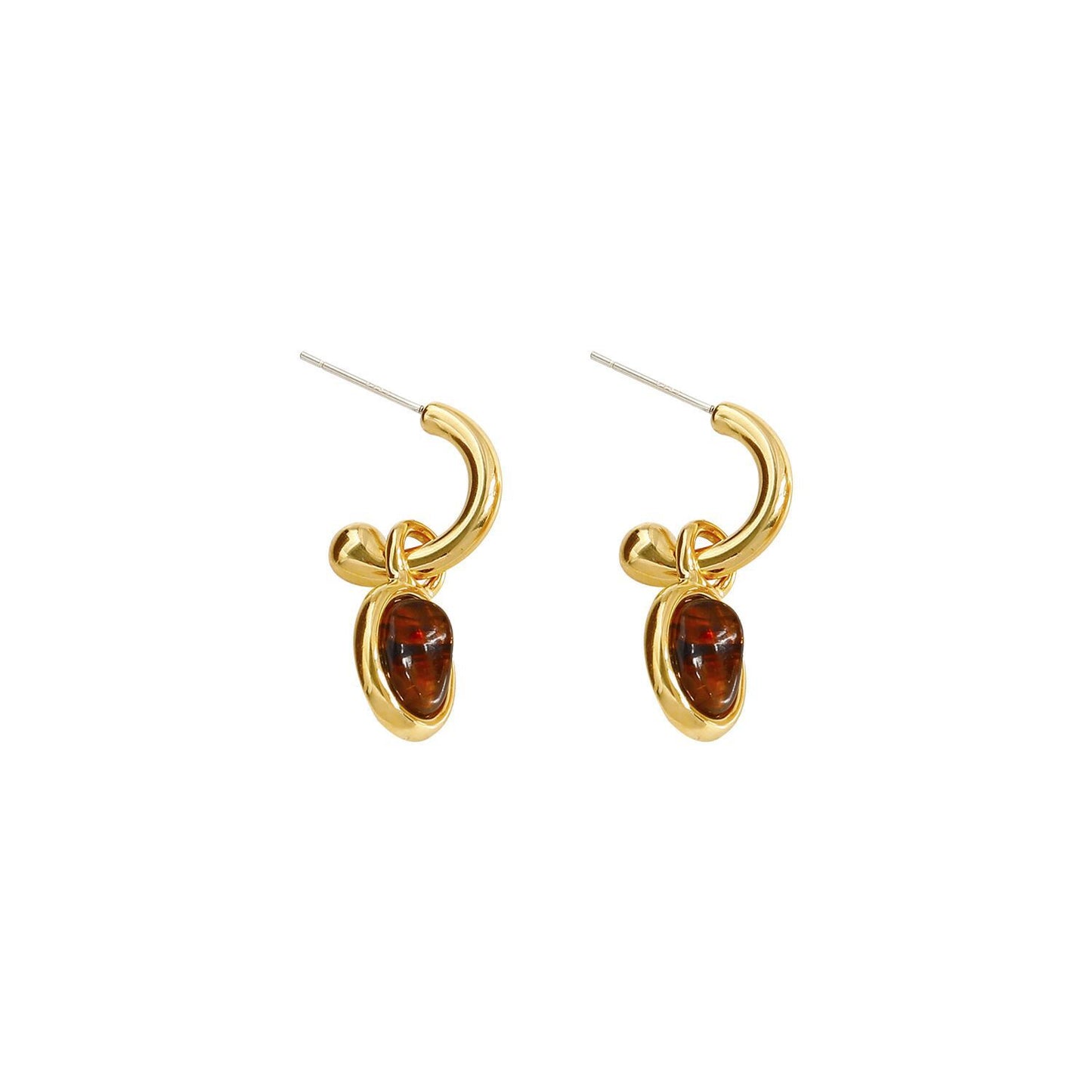 18k Gold Plated Amber Cabochon Oval Earrings