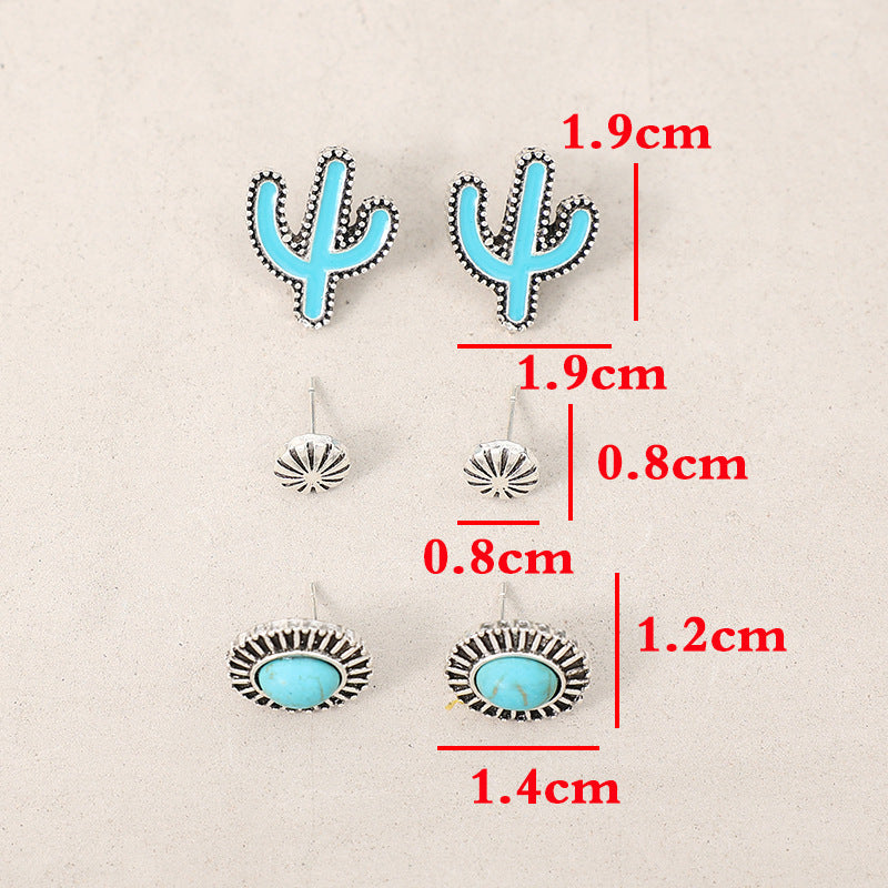 Southwestern Concho Turquoise Cactus 3 Pairs Stud Earrings