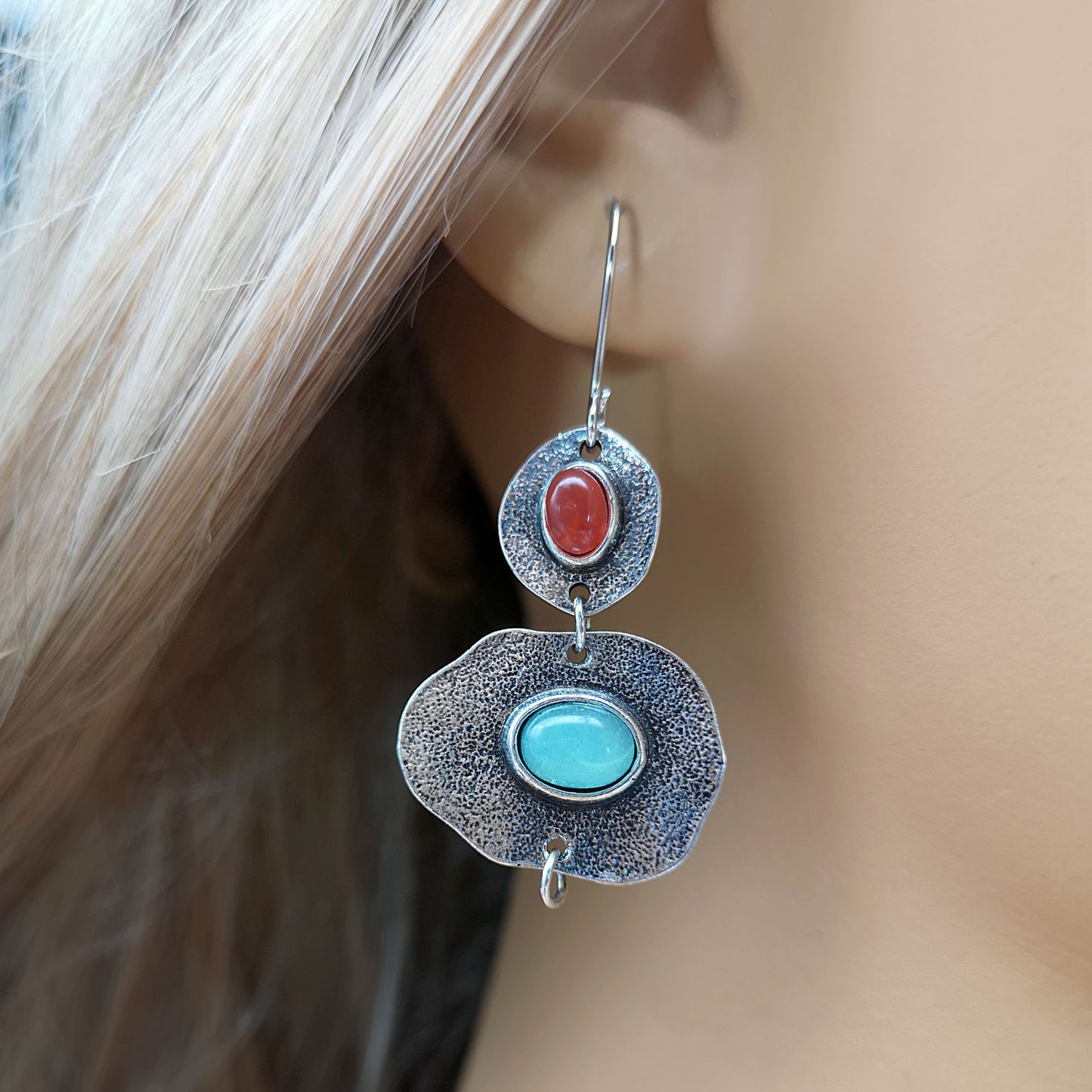 Bohemian Asymmetric Chalcedony Coral Earrings