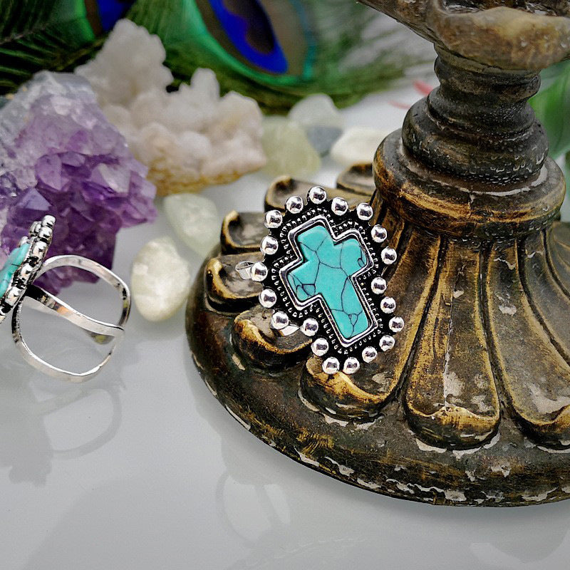 Turquoise Cross Open Adjustable Ring