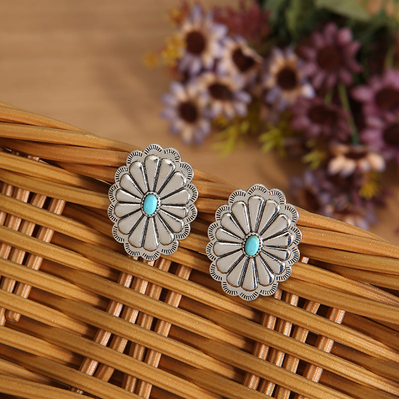 Bohemian Vintage Cute Western Concho Turquoise Stud Earrings