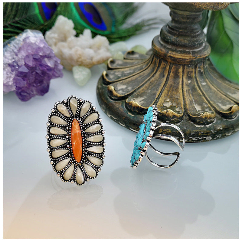 Western Bohemian Turquoise Cluster Open Adjustable Ring