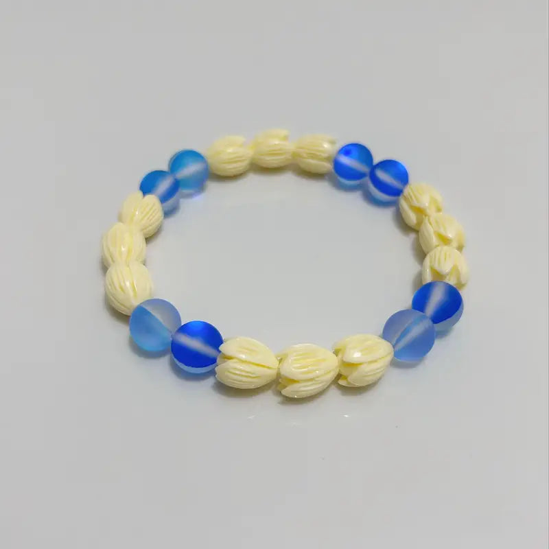 2024 Newest Hawaiian Blue Sea Glass Jasmine Flower Beaded Bracelet