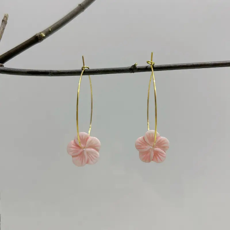 Hawaiian Pink Shell Flower Blossom Hoop Earrings