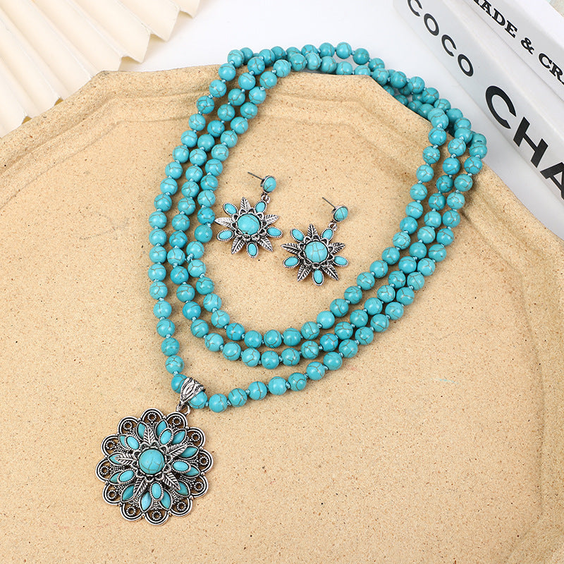 Southwestern Chunky Boho Turquoise Beads Earrings Necklace Set