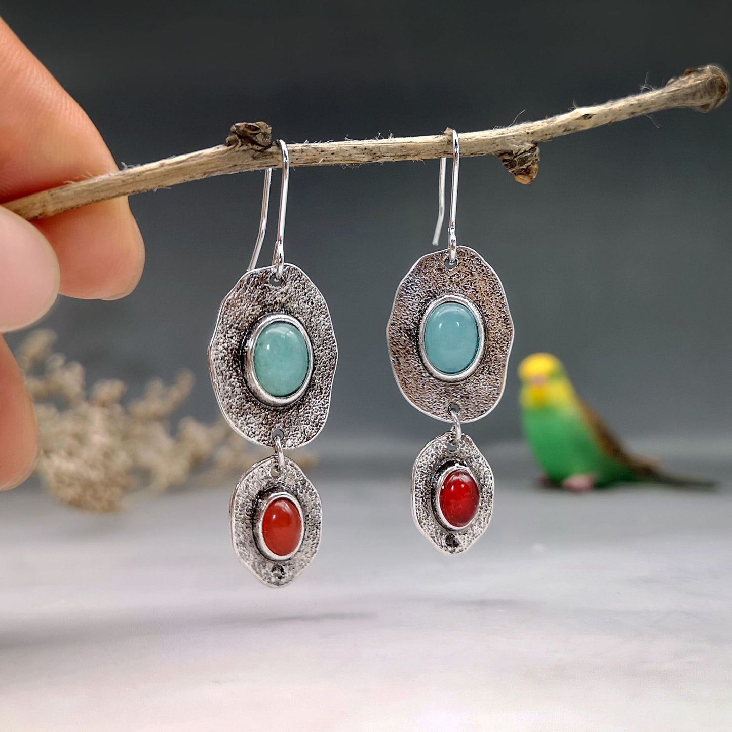 Bohemian Asymmetric Chalcedony Coral Earrings