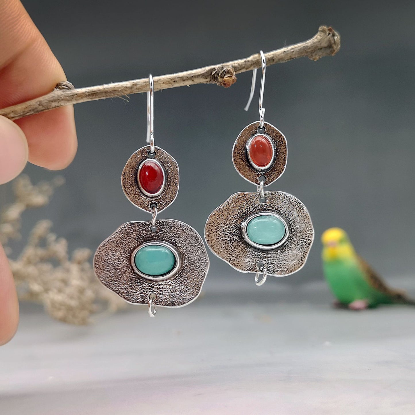 Bohemian Asymmetric Chalcedony Coral Earrings