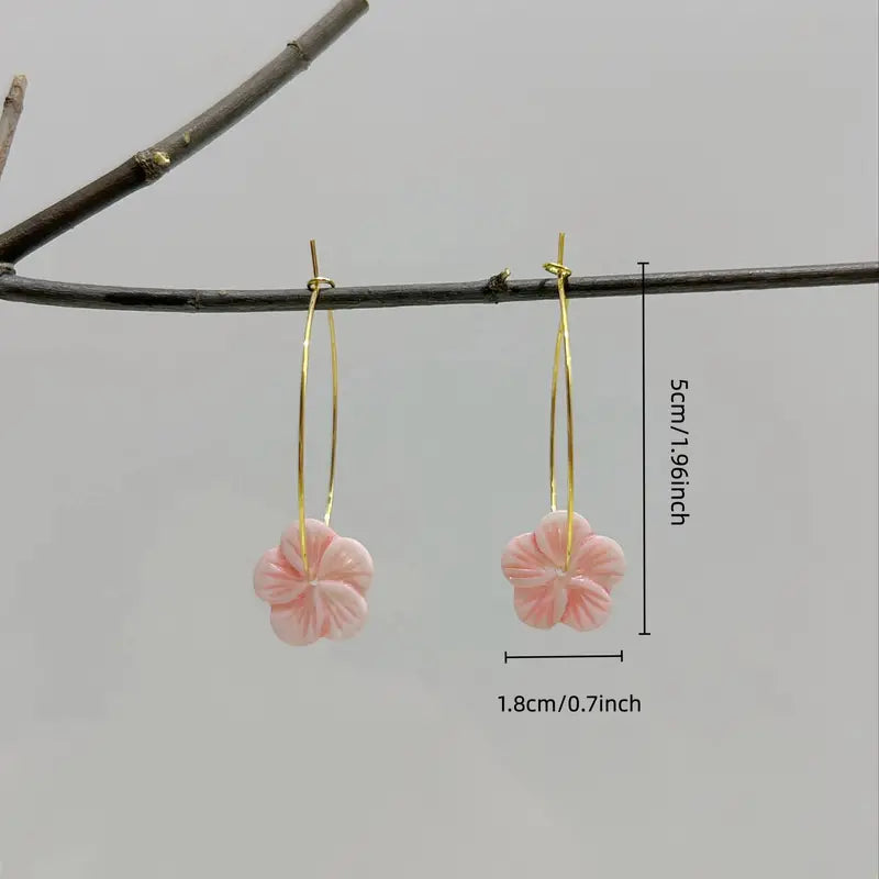 Hawaiian Pink Shell Flower Blossom Hoop Earrings