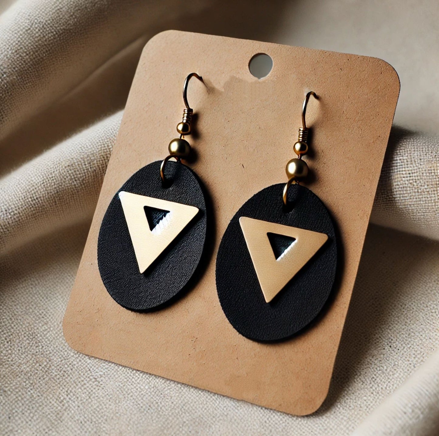 2025 Newest Modern Bohemian Black Oval Leather Earrings with Gold Triangle Leather