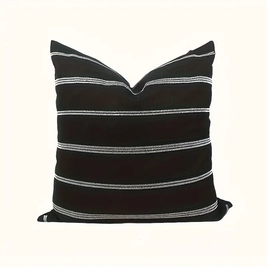 Embroidered Stripe Black Linen Pillow Cover